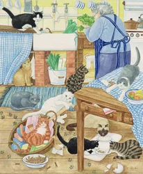 Grand-mère et 10 chats dans la cuisine